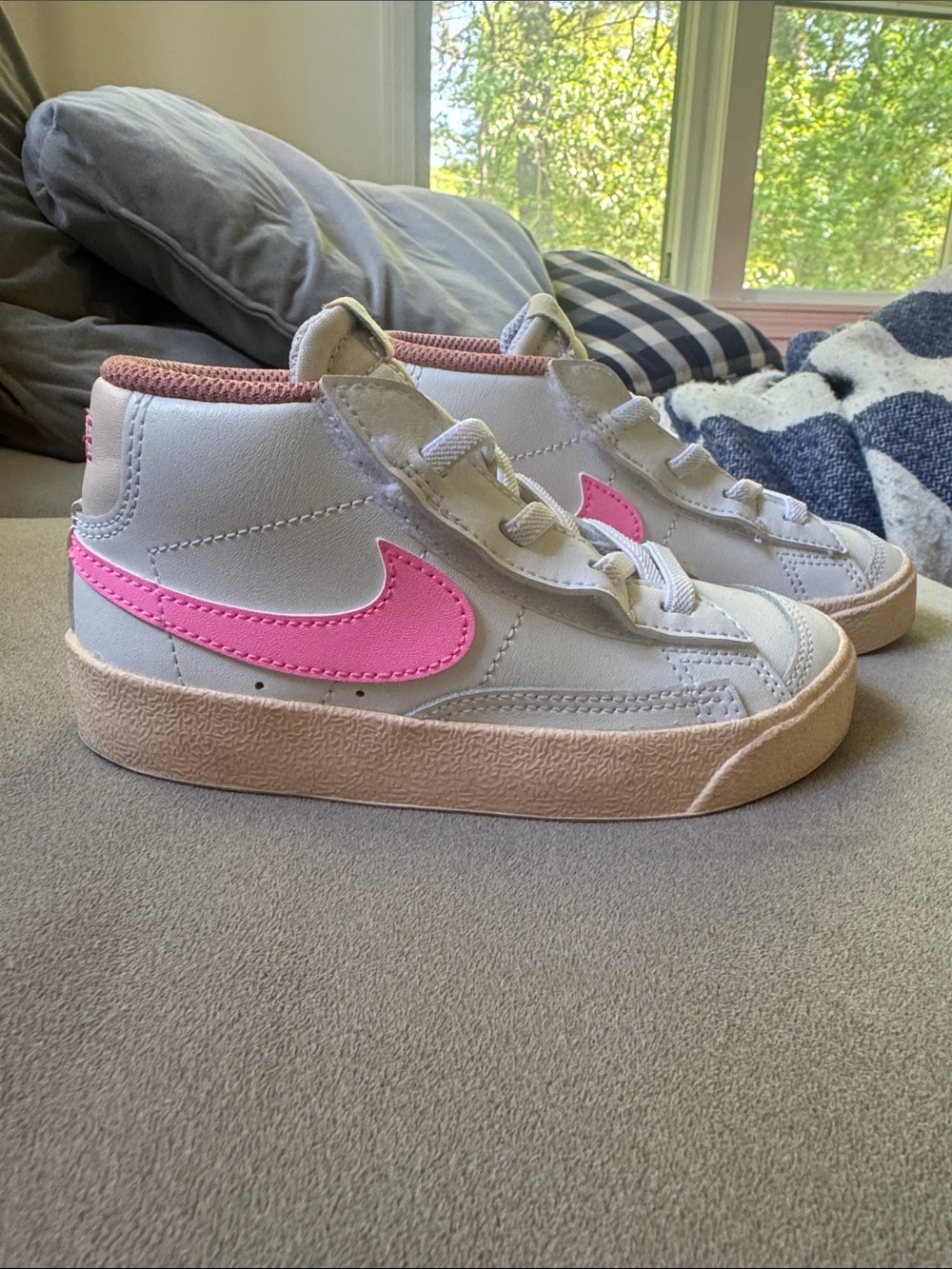 Nike Kids White Mid-Top Sneakers with Pink Swoosh and Tan Sole